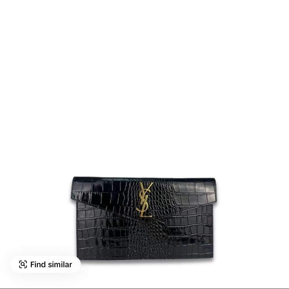 Saint Laurent Black Croc-Embossed Card Wallet with Gold Logo